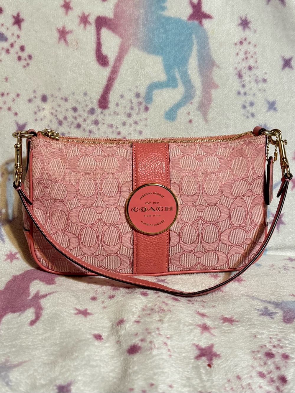 Coach Pink Signature Jacquard Shoulder Bag with Leather Trim